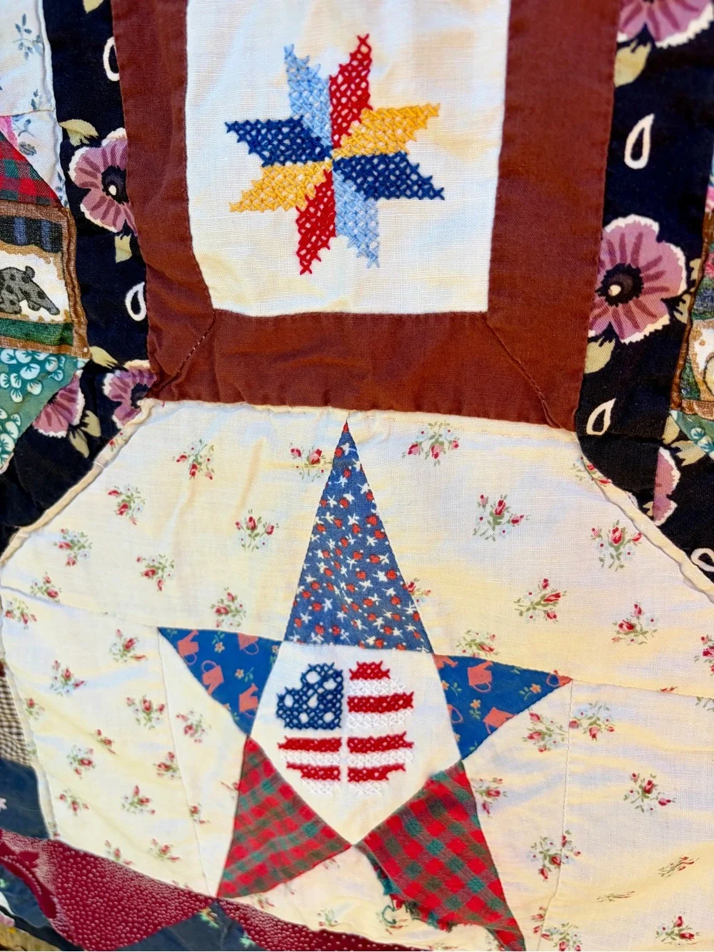 Vintage Snowball Block House Quilt 80x80 Handmade Cutter Quilt with Cross Stitch